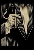 illustration of a man holding a cigar in his hand in a carved style vector