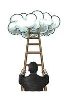 illustration of a man climbing a ladder to the clouds vector