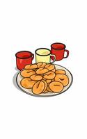 A plate of classic Donuts and three cups of coffee in a traditional kitchen vector