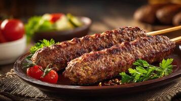 Juicy kabab on rustic plate with bright fresh juicy garnish photo