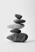 A grayscale image showing a stack of five balanced stones against a light background artfully photo