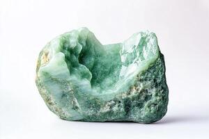 A close up shot of a green geode rock formation with a hollow center on a white background photo