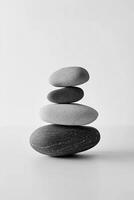 A monochrome image showing a stack of four smooth stones balanced on top of each other nicely photo