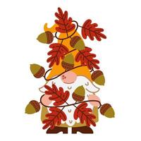 Funny autumn gnome illustration. A cute elf with a beard is wrapped in a garland of oak leaves and acorns. Scandinavian character. Dwarf in a hat. Cartoon clipart for Thanksgiving, fall party vector