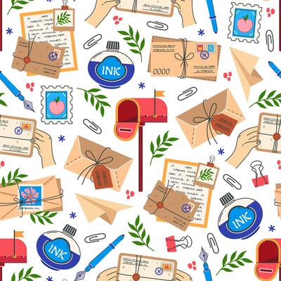 Mail seamless pattern. Letters in envelopes, postcards, postage stamps, notes, flowers. Paper message with wax seal. Mailbox, stationery. Correspondence, fountain pen, paperclip. Flat ornament