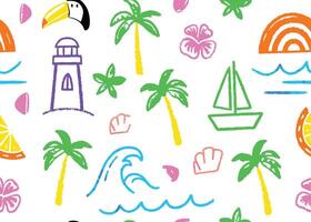 This summer beach icons set illustrates various symbols of travel, sun, and vacation fun like palm trees, umbrellas, and sunglasses hand drawn design vector