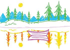 A vibrant summer landscape illustration of trees and mountains under a blue sky vector