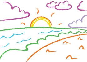 A vibrant summer landscape illustration of trees and mountains under a colorful sky with river vector