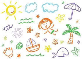 Colorful set of hand drawn cloud,sun,boat,tree, umbrella vector
