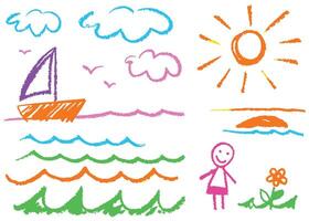 A vibrant set of hand-drawn summer icons features beach fun, sun, sea, and nature illustrations under a cloudy sky, perfect for vacation designs for children vector