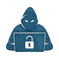 Hacker with Laptop and Unlocked Padlock vector