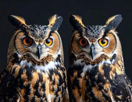 Two owls looking at the camera on a black background photo