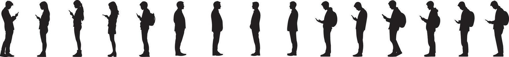 Silhouette People Using Mobile Devices A Row of Individuals on Smartphones vector