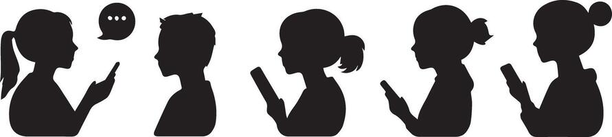 Silhouette Icons Children Using Phones and Chatting Communication and Technology Graphics vector