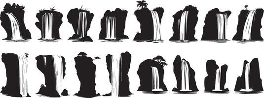 Collection of Waterfall Silhouettes Nature Graphics for Design Projects vector
