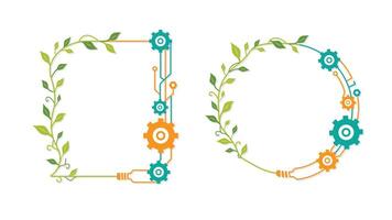 Abstract floral and technology mixed set of frames colourful, digital integration gear polygonal web and leaf or branch border, network futuristic frame editable stroke illustration vector