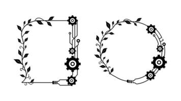 Abstract floral and technology mixed set of frames line art, digital integration gear polygonal web and leaf or branch border, network futuristic frame editable stroke illustration vector