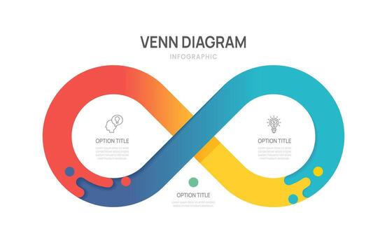 Venn diagram business infographic Infinity circle chart template 2 options, presentation with venn diagram elements illustration. vector