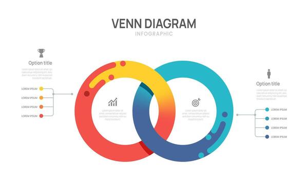 Venn diagram business infographic circle ring chart template 2 options, presentation with venn diagram elements illustration. vector