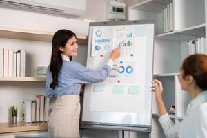 Business Presentation and Data Visualization. A woman pointing at insights during a meeting. photo