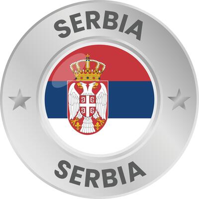Serbia flag in silver colored medal. National flag in metal circle emblem.
