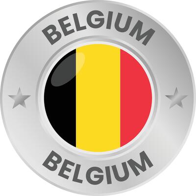 Belgium flag in silver colored medal. National flag in metal circle emblem.