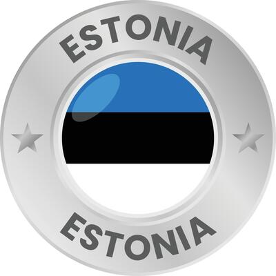 Estonia flag in silver colored medal. National flag in metal circle emblem.