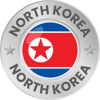 North Korea flag in silver colored medal. National flag in metal circle emblem.