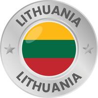 Lithuania flag in silver colored medal. National flag in metal circle emblem. vector