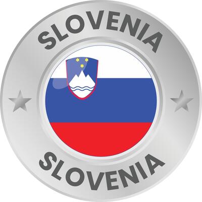Slovenia flag in silver colored medal. National flag in metal circle emblem.