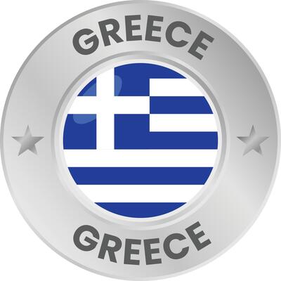 Greece flag in silver colored medal. National flag in metal circle emblem.
