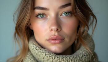 Woman Portrait Green Eyes Knit Scarf Winter Fashion photo