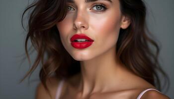 Woman with Red Lipstick and Wavy Hair Beauty Portrait photo