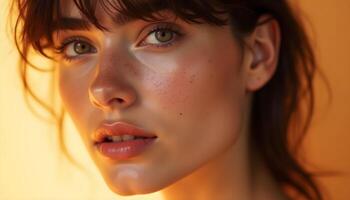 Womans Face Closeup Portrait Natural Makeup Golden Light photo
