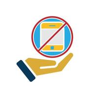 Mindfulness icon. no phone zone in hand. handphone in crossed circle. mental health, calmness, exercise. Flat design style vector
