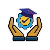 education icon. engineering learning in two hand. graduation cap on gear with check mark. smart, student, learning. isometric design style vector