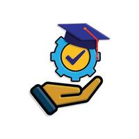 education icon. engineering learning in hand. graduation cap on gear with check mark. smart, student, learning. isometric design style vector