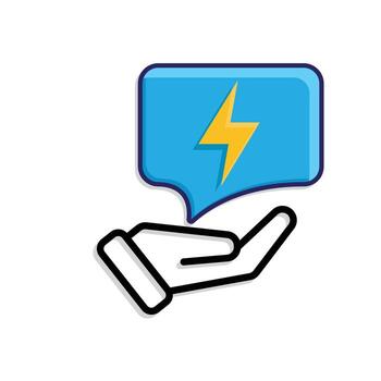 ai icon. AI Personal Assistant in hand. Smart reply. Chat balloon with lightning. UI, education. Mixed design style vector