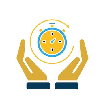 Work icon. Time tracker in two hand. Counter clock with circular progress bar. collaboration. Flat design style vector