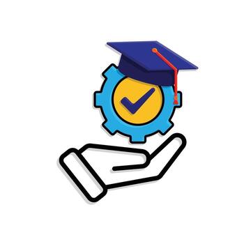 education icon. engineering learning in hand. graduation cap on gear with check mark. smart, student, learning. Mixed design style vector