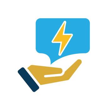 ai icon. AI Personal Assistant in hand. Smart reply. Chat balloon with lightning. UI, education. Flat design style vector
