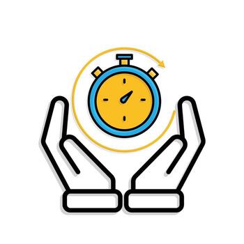 Work icon. Time tracker in two hand. Counter clock with circular progress bar. collaboration. Mixed design style vector