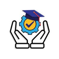 education icon. engineering learning in two hand. graduation cap on gear with check mark. smart, student, learning. Mixed design style vector