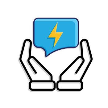 ai icon. AI Personal Assistant in in two hand. Smart reply. Chat balloon with lightning. UI, education. Mixed design style vector