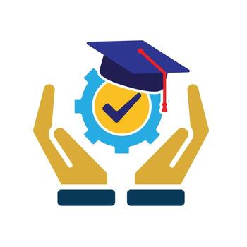 education icon. engineering learning in two hand. graduation cap on gear with check mark. smart, student, learning. Flat design style vector