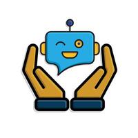 ai icon. AI Personal Assistant in two hand. Chatbot avatar. Friendly robot face with chat bubble. UI, education. isometric design style vector
