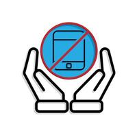 Mindfulness icon. no phone zone in two hand. handphone in crossed circle. mental health, calmness, exercise. Mixed design style vector