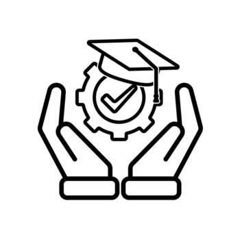 education icon. engineering learning in two hand. graduation cap on gear with check mark. smart, student, learning. Outline design style vector