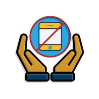 Mindfulness icon. no phone zone in two hand. handphone in crossed circle. mental health, calmness, exercise. isometric design style vector