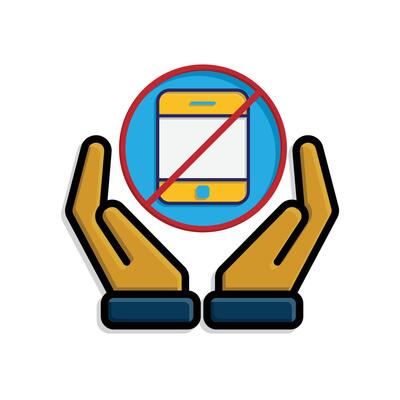 Mindfulness icon. no phone zone in two hand. handphone in crossed circle. mental health, calmness, exercise. isometric design style